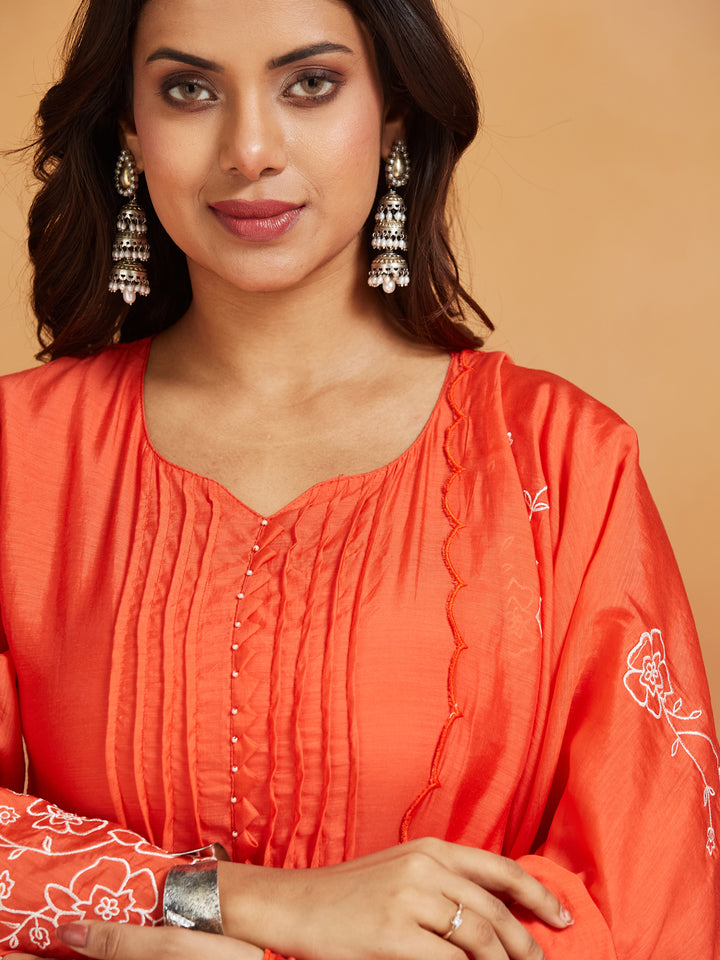 Coral Bloom Embroidered Kurta Set – Subtle Sophistication