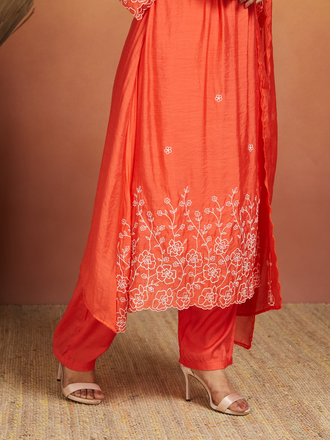 Coral Bloom Embroidered Kurta Set – Subtle Sophistication