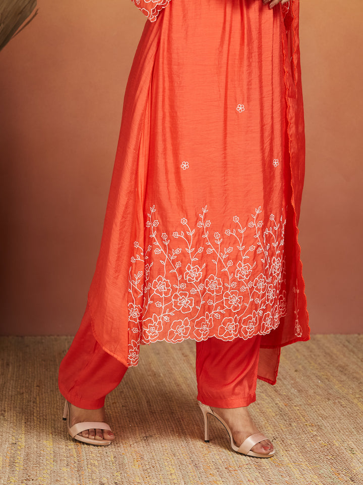 Coral Bloom Embroidered Kurta Set – Subtle Sophistication