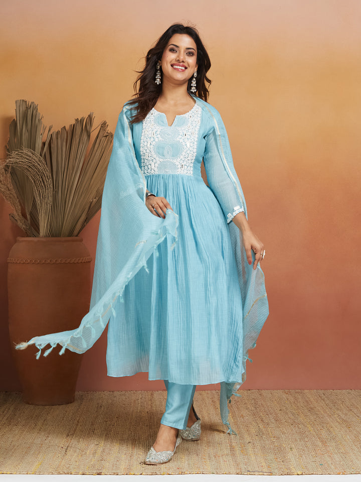 Sky Whisper Cotton Embroidered Kurta Set – Tranquil Elegance