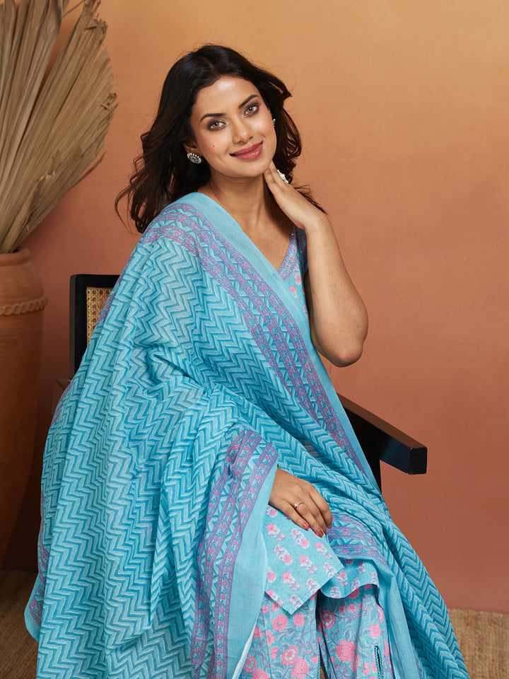 Neel Kamal Cotton Printed Kurta Set – Aqua Bloom