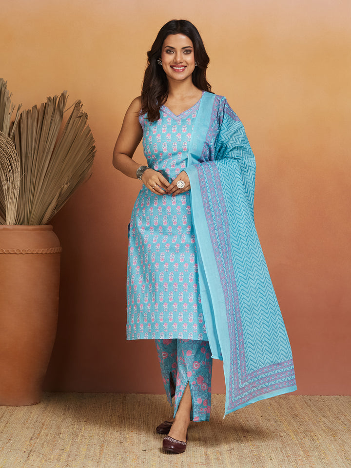 Neel Kamal Cotton Printed Kurta Set – Aqua Bloom