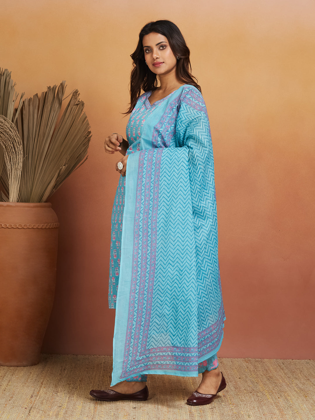 Neel Kamal Cotton Printed Kurta Set – Aqua Bloom