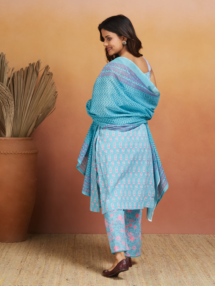 Neel Kamal Cotton Printed Kurta Set – Aqua Bloom