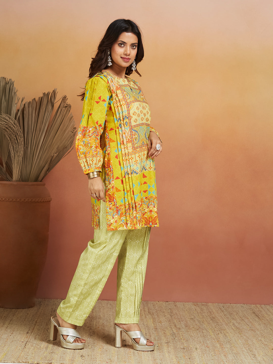 Surya Geometric Print Lime Yellow Co-Ord Set