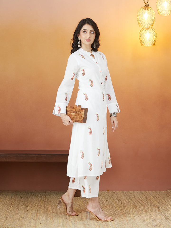 Gulnaar White Block Print Kurti Set