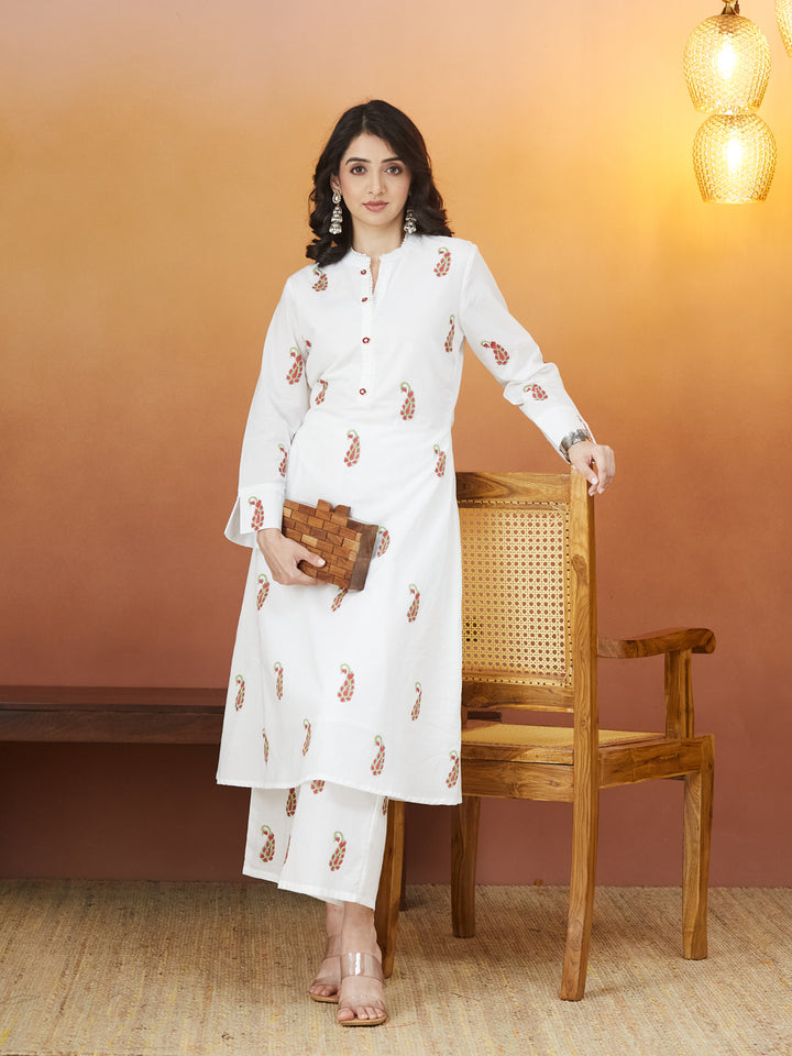 Gulnaar White Block Print Kurti Set