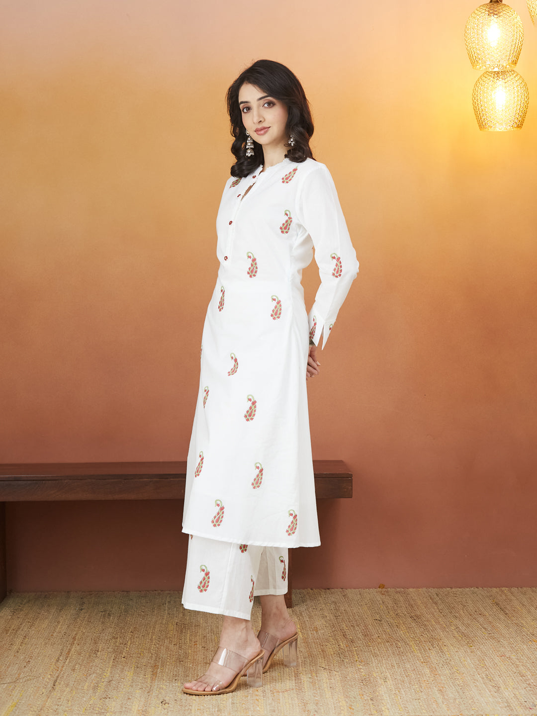 Gulnaar White Block Print Kurti Set