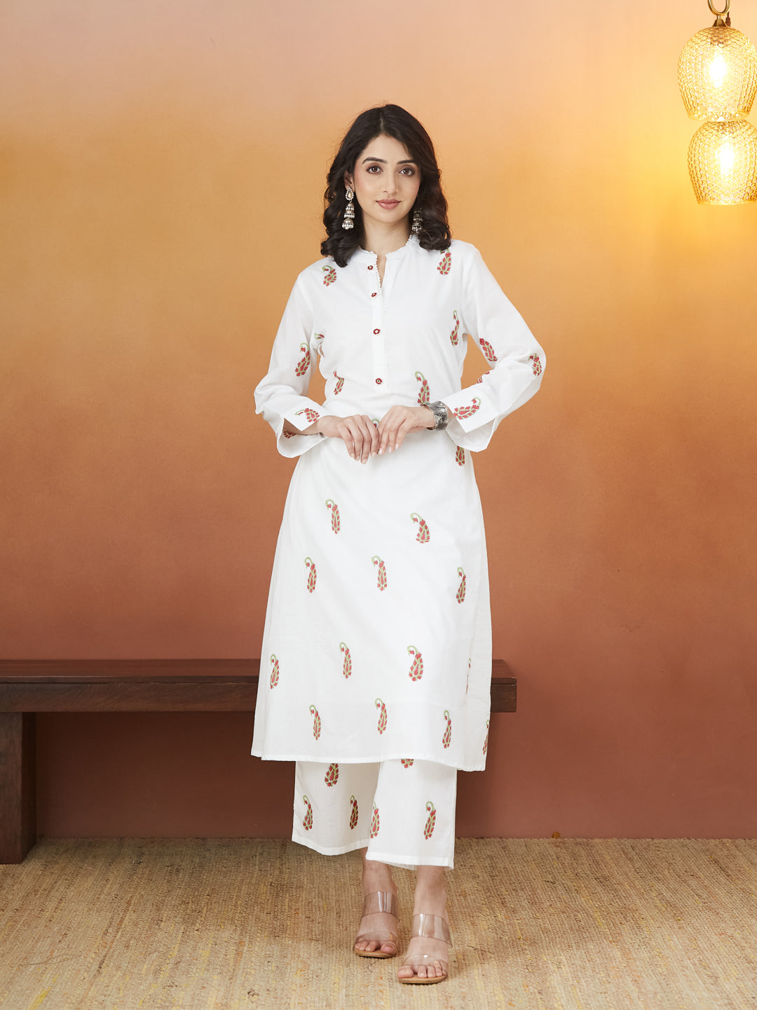 Gulnaar White Block Print Kurti Set