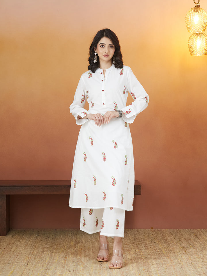 Gulnaar White Block Print Kurti Set