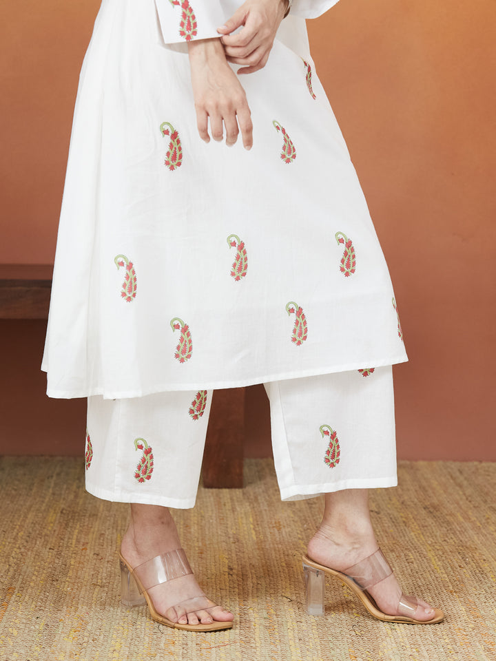 Gulnaar White Block Print Kurti Set