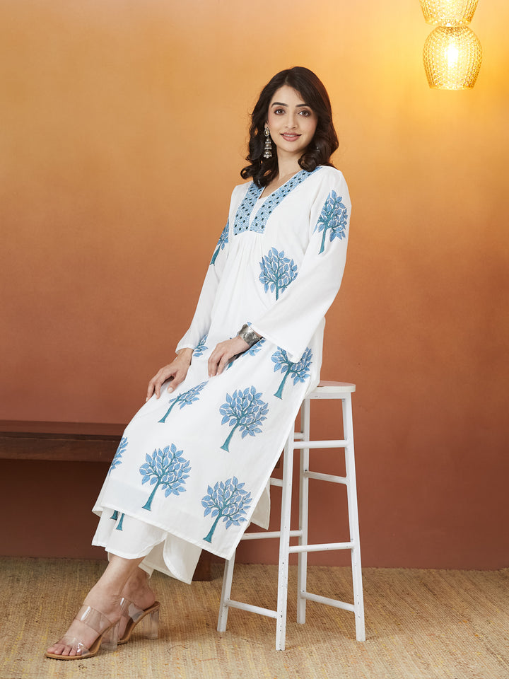 Neelvriksha White & Blue Block Print Kurti set