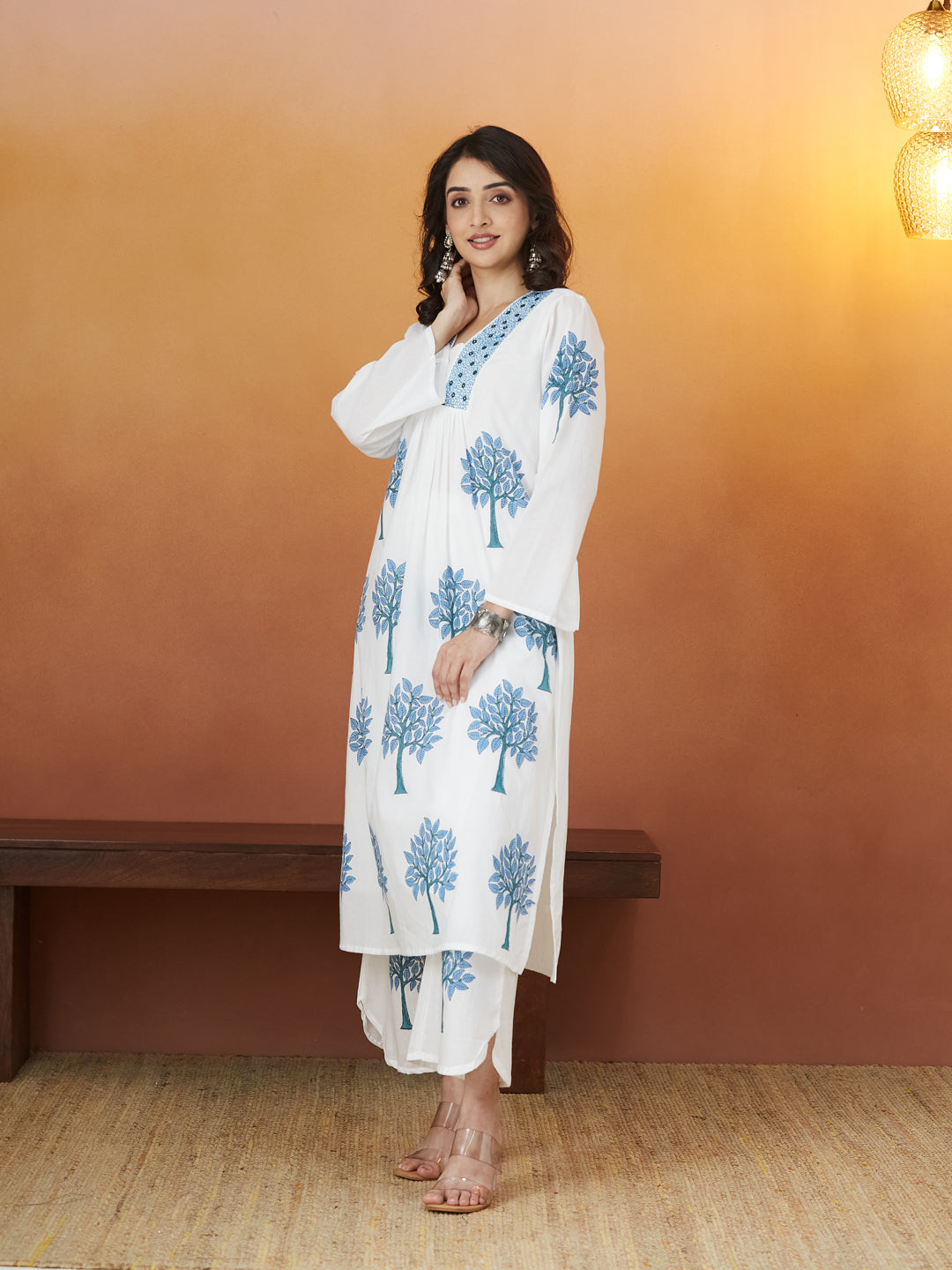 Neelvriksha White & Blue Block Print Kurti set
