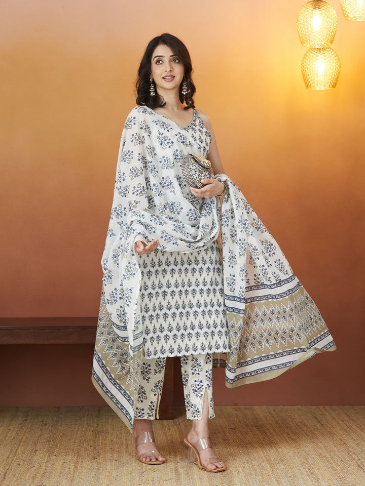 Aabroo Blue Floral Block Print Strappy Kurti set