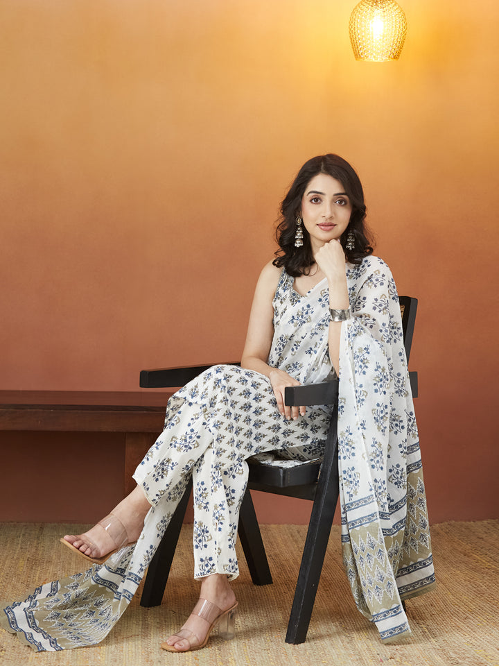Aabroo Blue Floral Block Print Strappy Kurti set