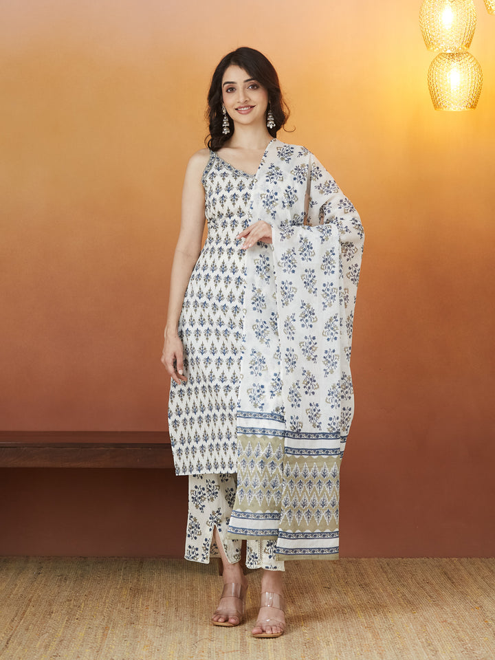 Aabroo Blue Floral Block Print Strappy Kurti set