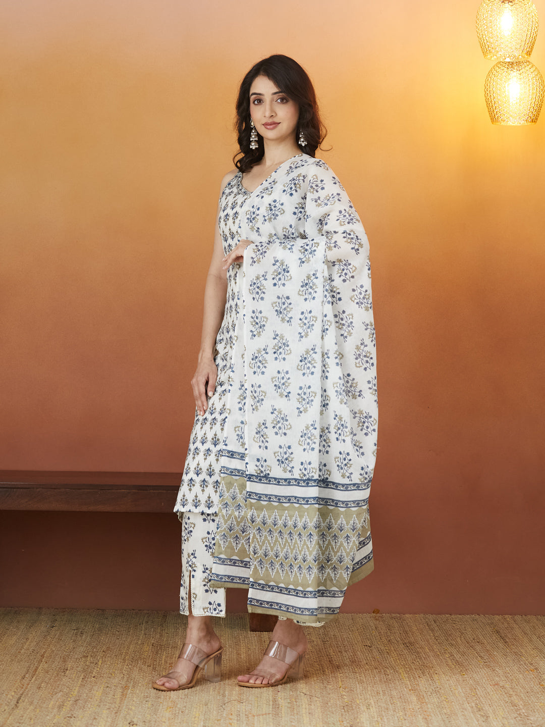 Aabroo Blue Floral Block Print Strappy Kurti set