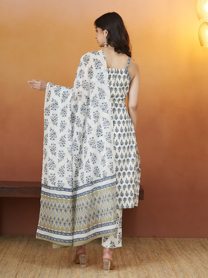 Aabroo Blue Floral Block Print Strappy Kurti set