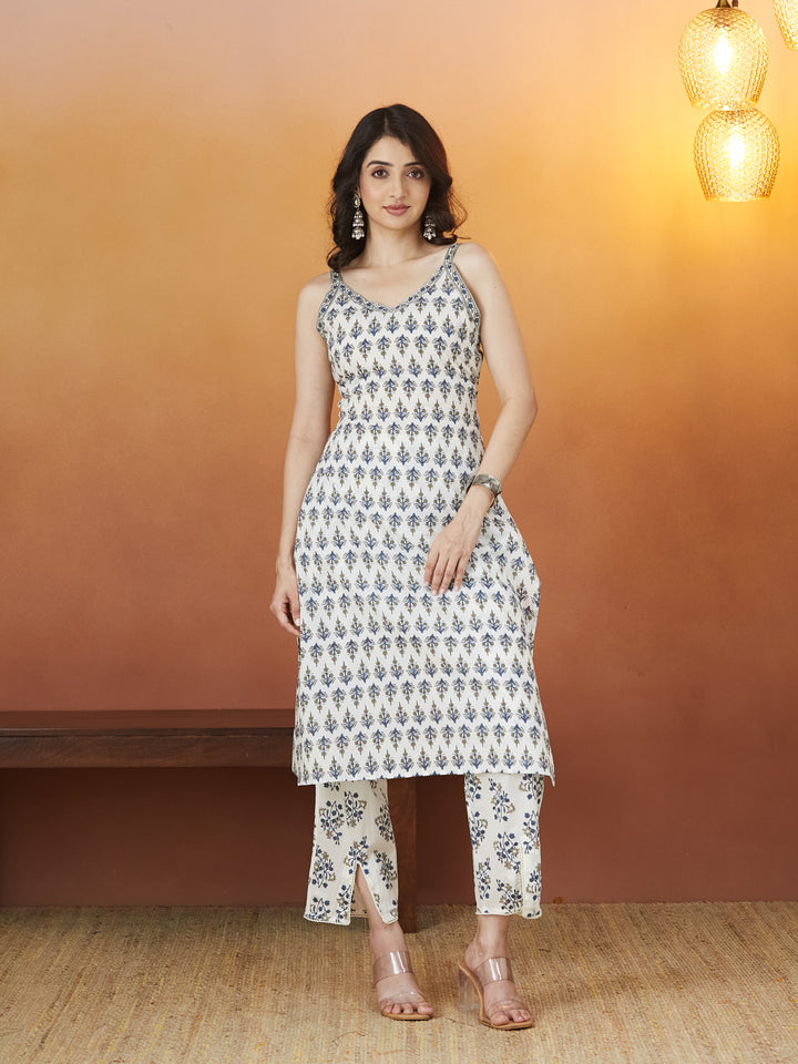 Aabroo Blue Floral Block Print Strappy Kurti set