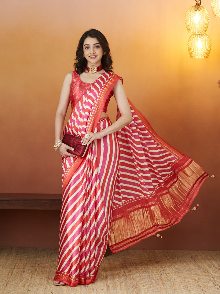 Rangmanch Red & Pink Bandhej Silk Saree