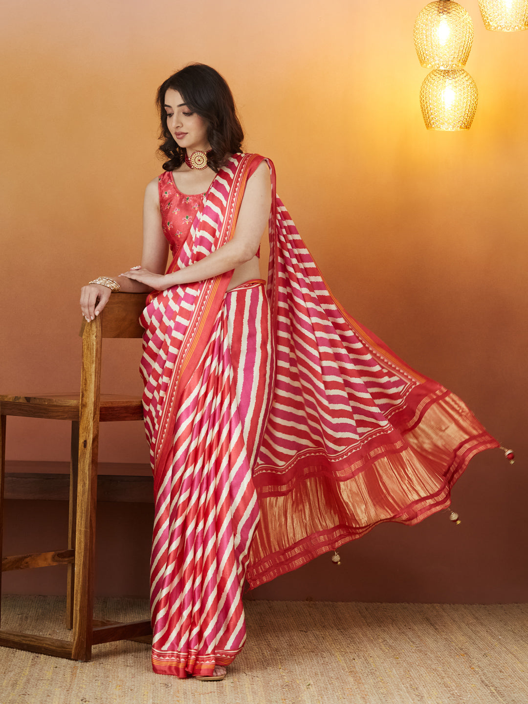 Rangmanch Red & Pink Bandhej Silk Saree