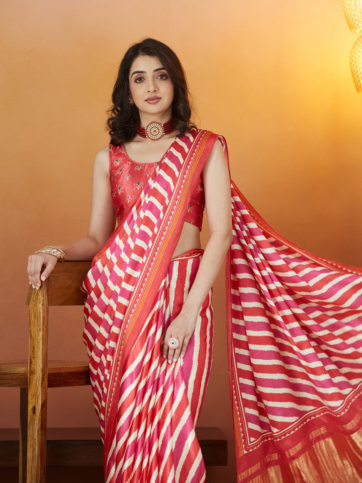 Rangmanch Red & Pink Bandhej Silk Saree