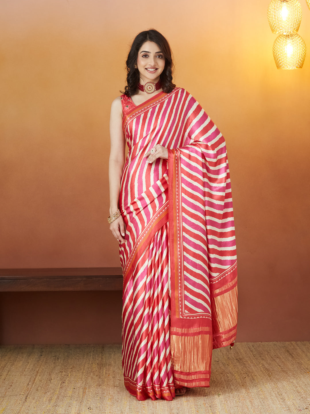 Rangmanch Red & Pink Bandhej Silk Saree
