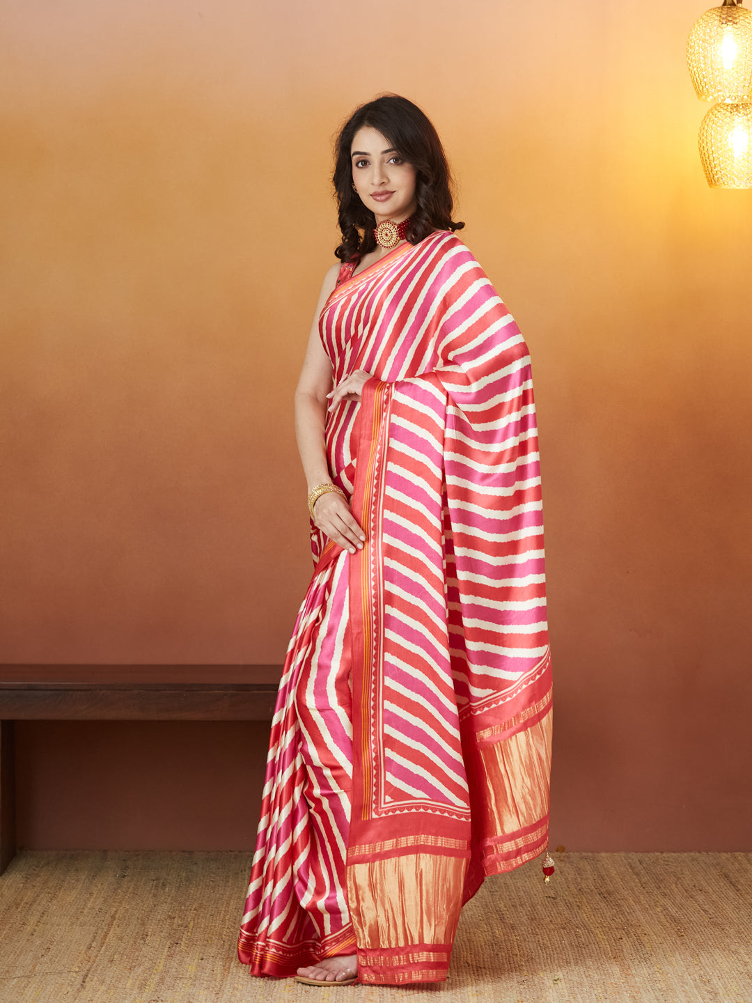 Rangmanch Red & Pink Bandhej Silk Saree