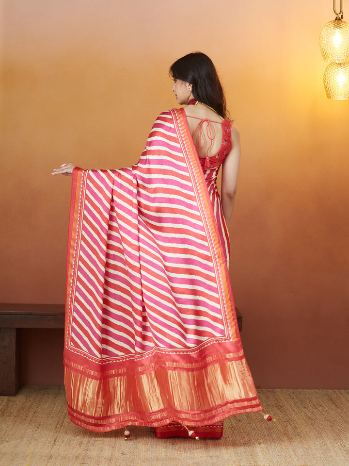 Rangmanch Red & Pink Bandhej Silk Saree