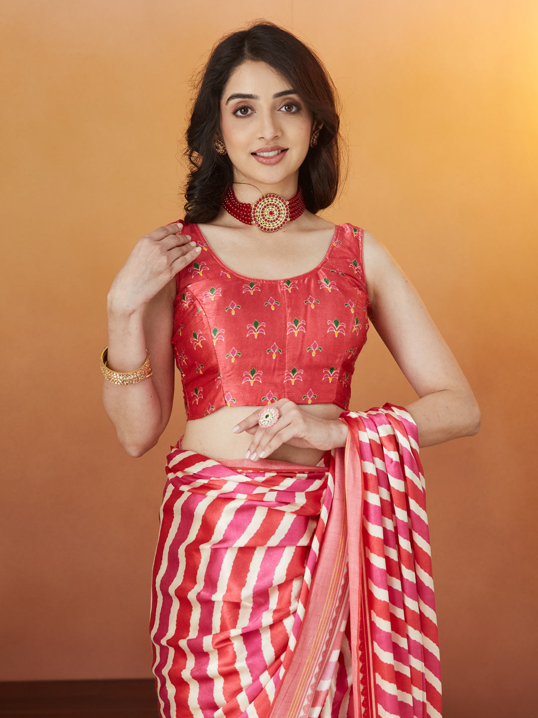 Rangmanch Red & Pink Bandhej Silk Saree