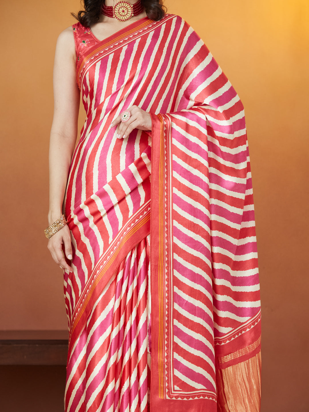 Rangmanch Red & Pink Bandhej Silk Saree
