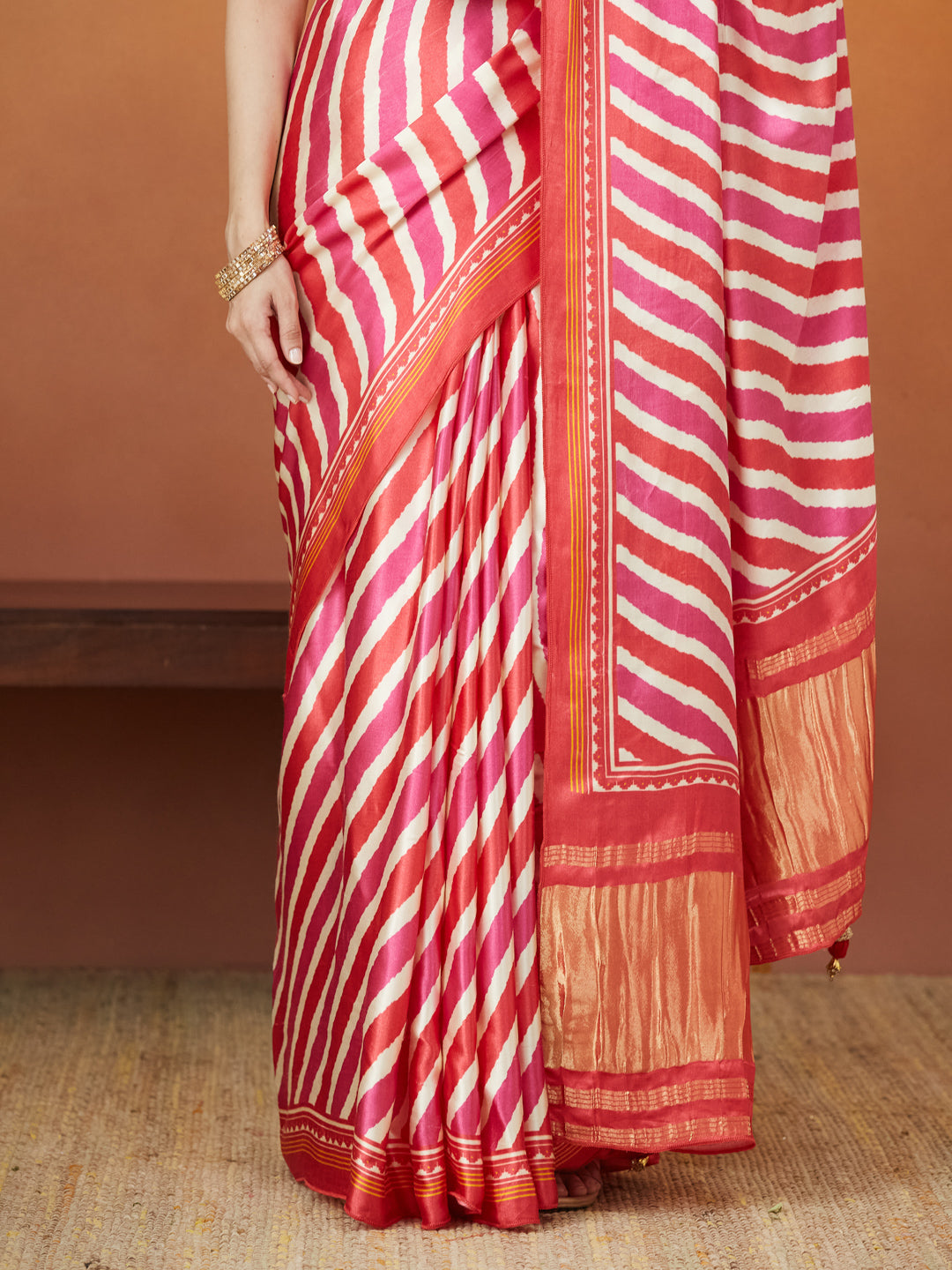 Rangmanch Red & Pink Bandhej Silk Saree