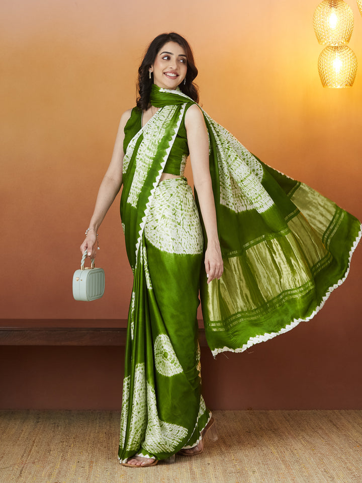 Veda Bandhej Charm Saree – Olive Green Delight