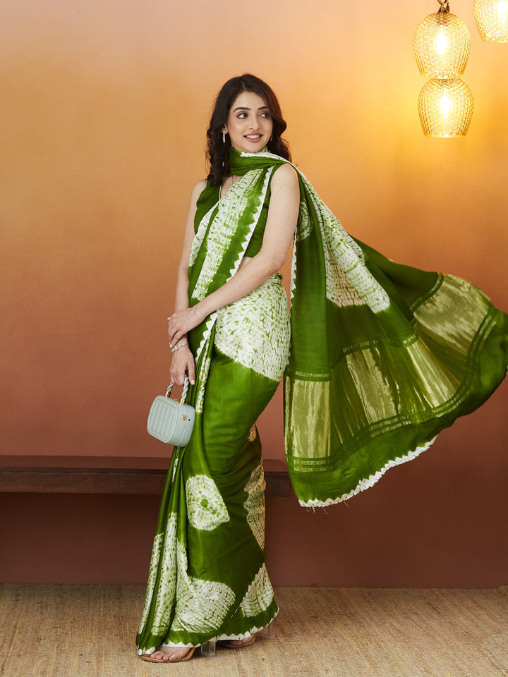 Veda Bandhej Charm Saree – Olive Green Delight