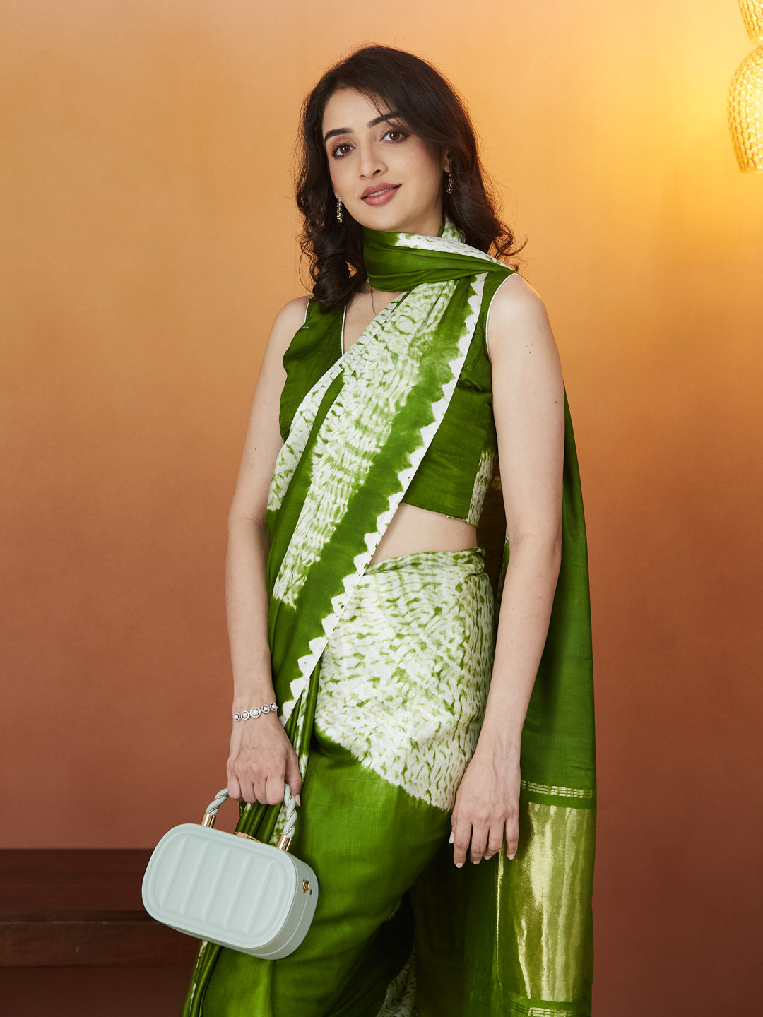Veda Bandhej Charm Saree – Olive Green Delight