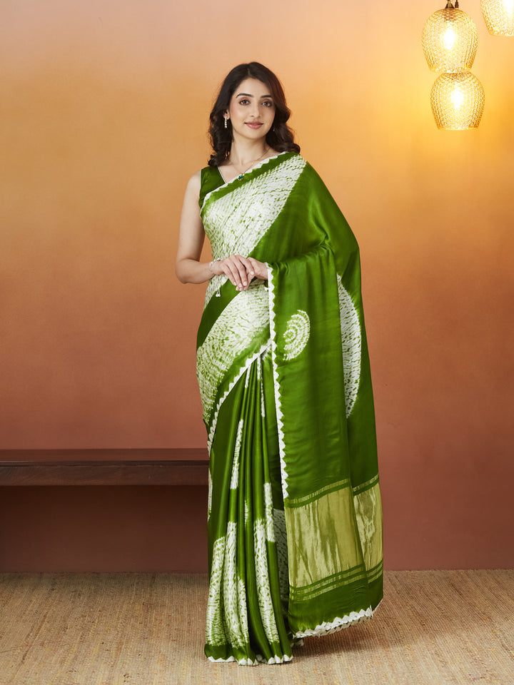 Veda Bandhej Charm Saree – Olive Green Delight