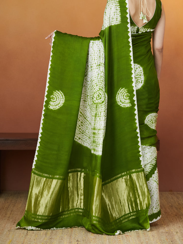 Veda Bandhej Charm Saree – Olive Green Delight