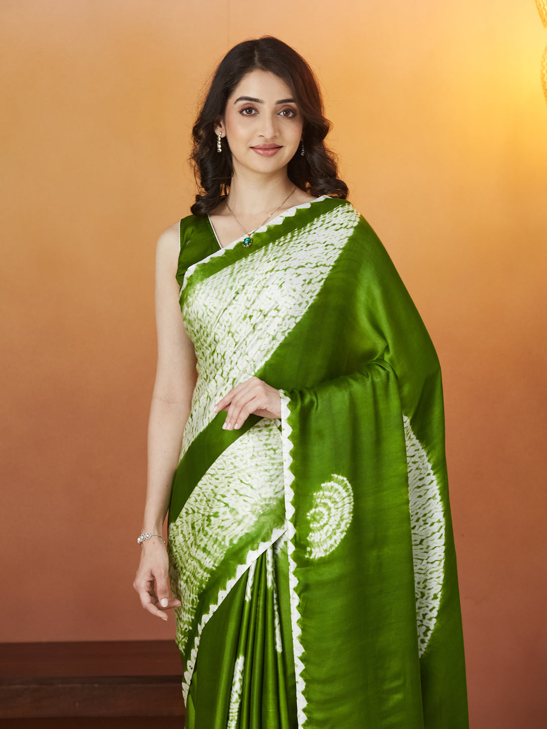 Veda Bandhej Charm Saree – Olive Green Delight