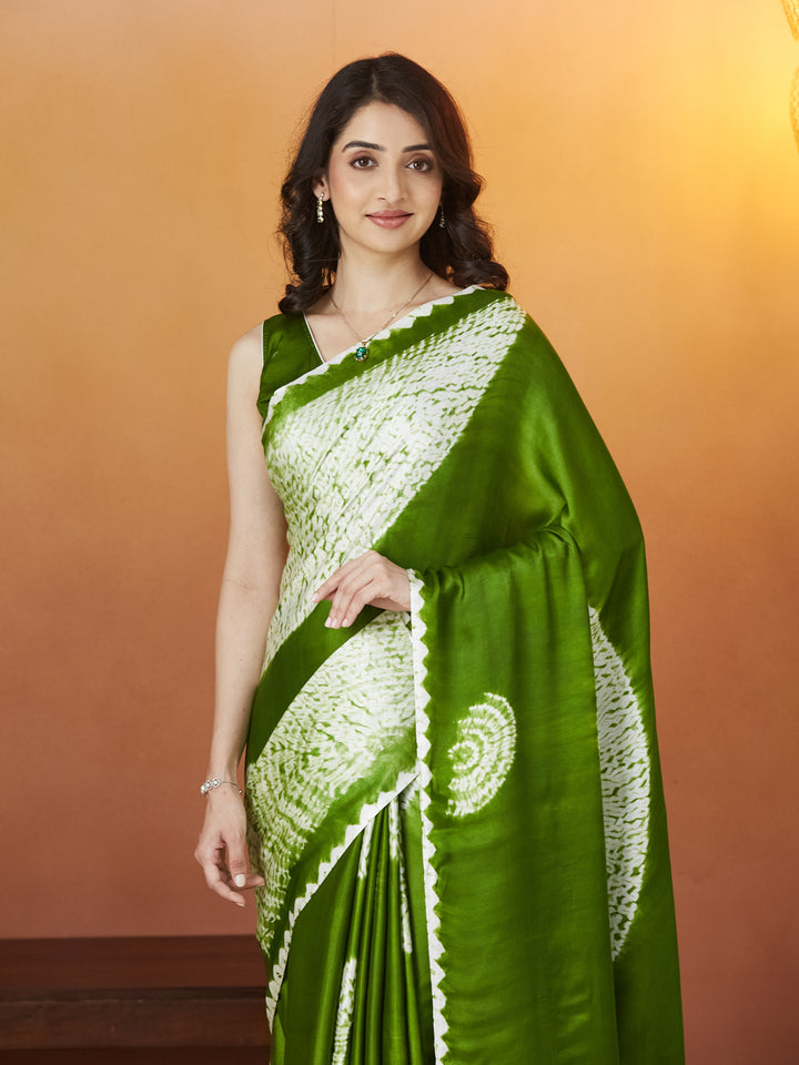 Veda Bandhej Charm Saree – Olive Green Delight