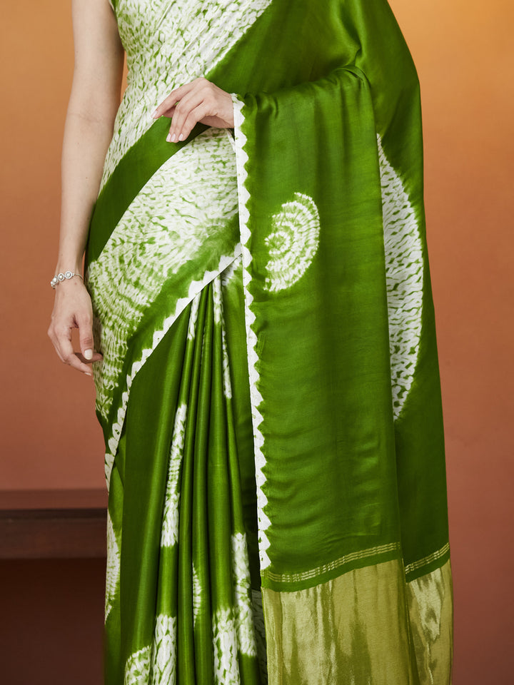 Veda Bandhej Charm Saree – Olive Green Delight