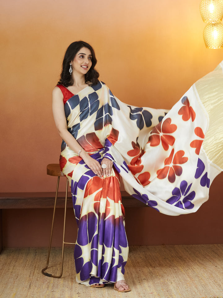 Veda Carnival Bloom Saree – Ivory with Sunset & Violet Petals