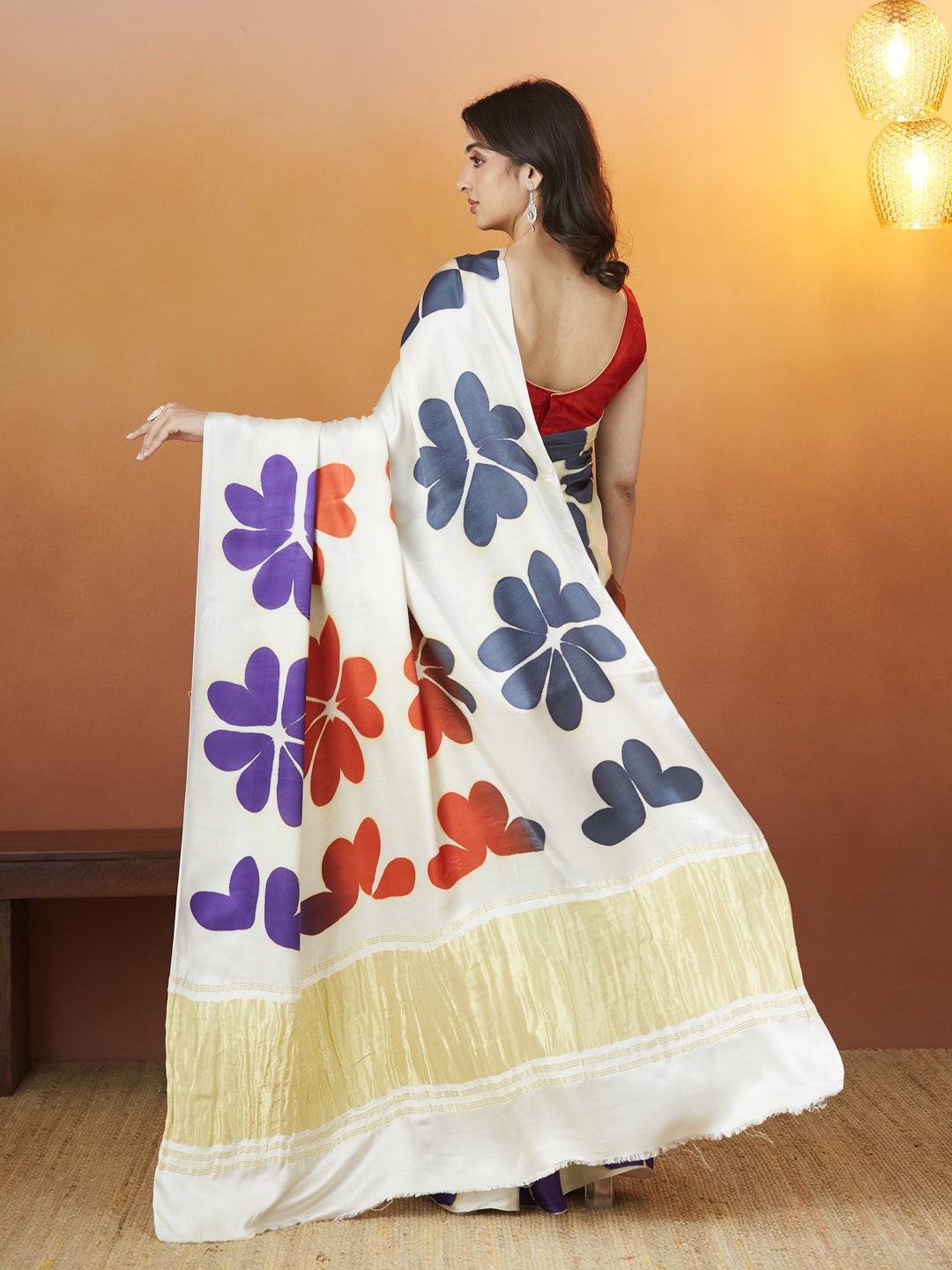Veda Carnival Bloom Saree – Ivory with Sunset & Violet Petals