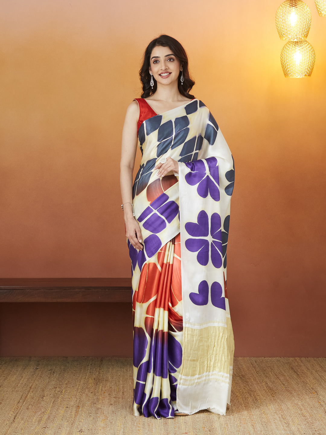 Veda Carnival Bloom Saree – Ivory with Sunset & Violet Petals