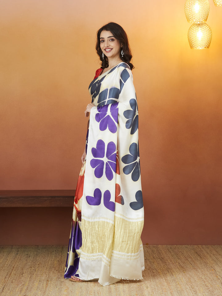 Veda Carnival Bloom Saree – Ivory with Sunset & Violet Petals