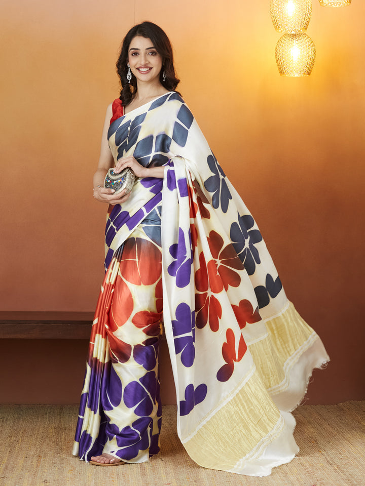 Veda Carnival Bloom Saree – Ivory with Sunset & Violet Petals