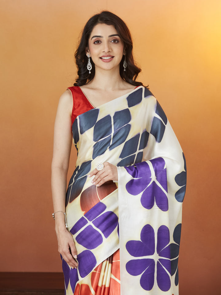 Veda Carnival Bloom Saree – Ivory with Sunset & Violet Petals