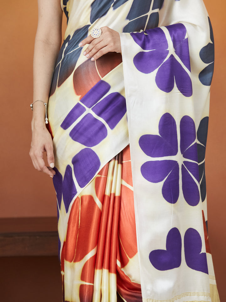 Veda Carnival Bloom Saree – Ivory with Sunset & Violet Petals