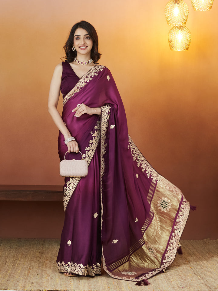 Veda Royal Elegance Saree – Plum Purple with Golden Embroidery