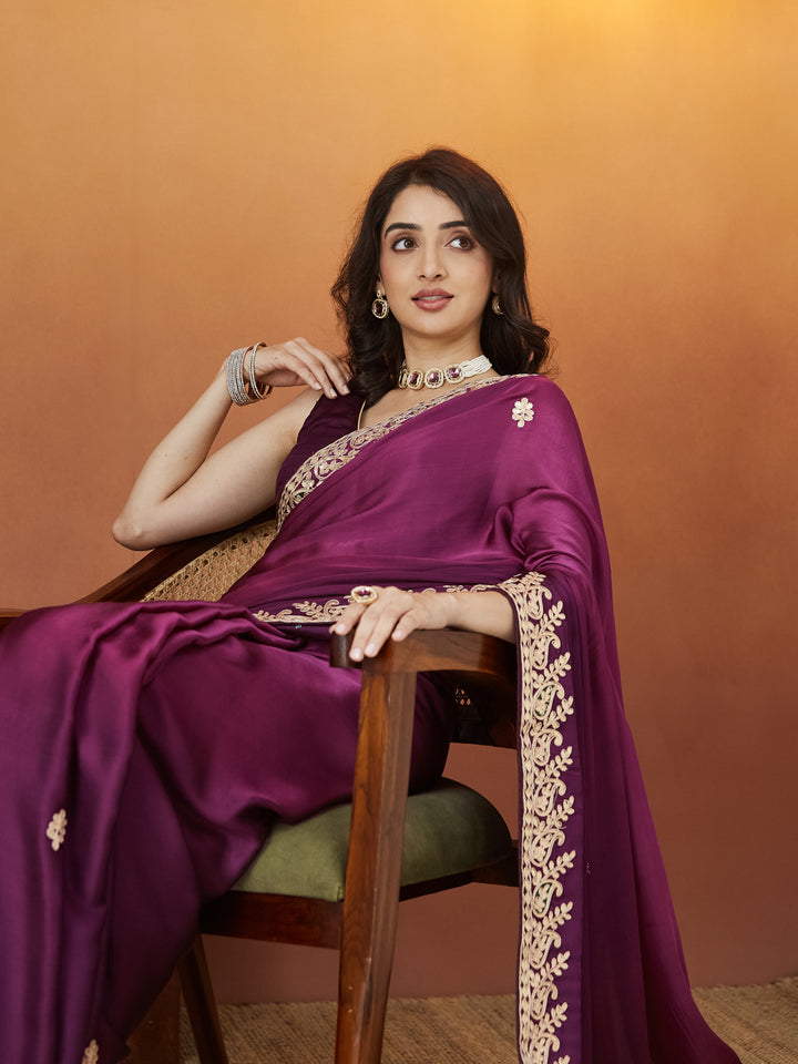 Veda Royal Elegance Saree – Plum Purple with Golden Embroidery