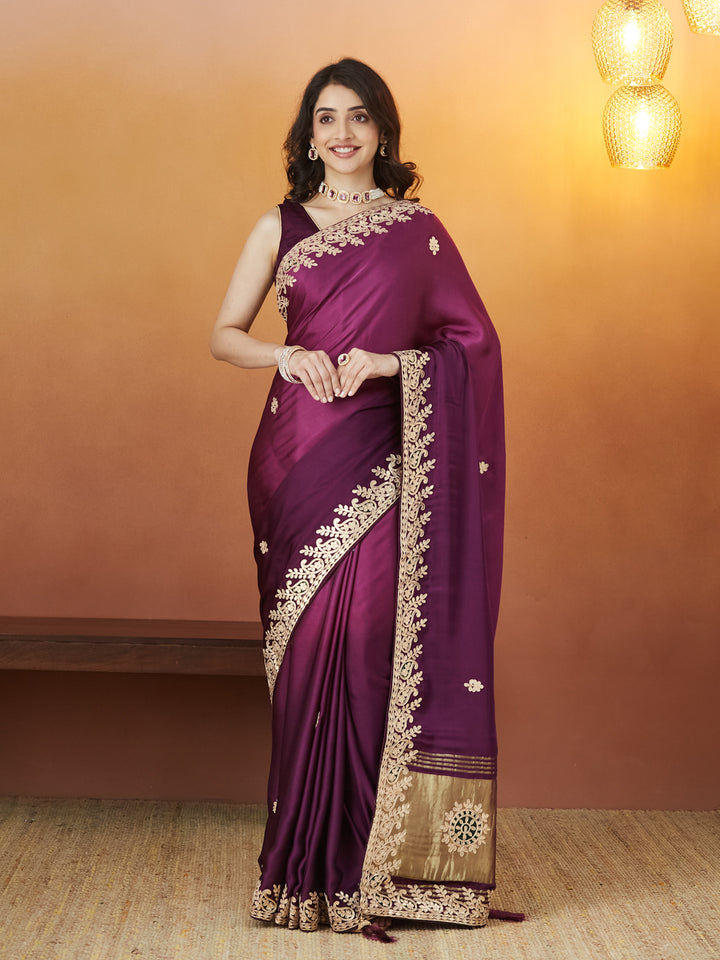 Veda Royal Elegance Saree – Plum Purple with Golden Embroidery